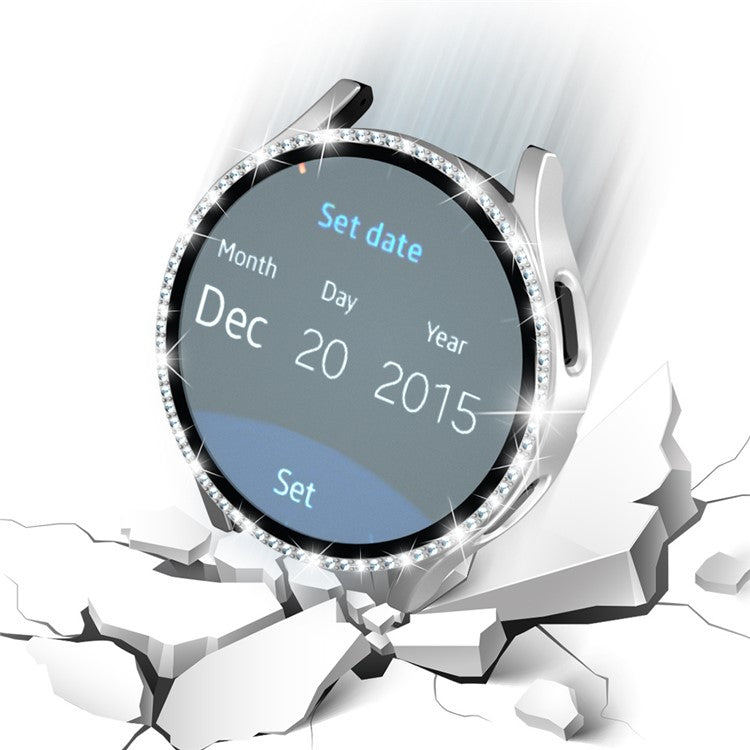 For Samsung Galaxy Watch7 44mm PC Watch Case Rhinestone Decor Cover with Tempered Glass Film - Silver
