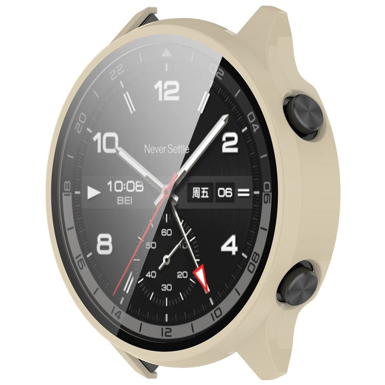 For OnePlus Watch 2R Case Hard PC Full Protective Watch Cover with Tempered Glass Film - Ivory White