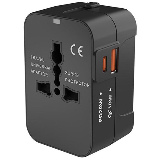 HH202-PD Universal Travel Charge Adapter Wall Plug with PD 20W Type-C + QC 18W USB - Black
