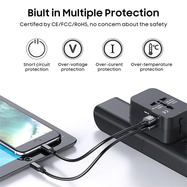 HH202-PD Universal Travel Charge Adapter Wall Plug with PD 20W Type-C + QC 18W USB - Black