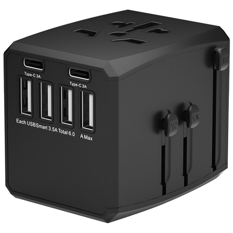 HH904 Worldwide Travel Charge Adapter Wall Plug Converter with 4 USB + 2 Type-C - Black
