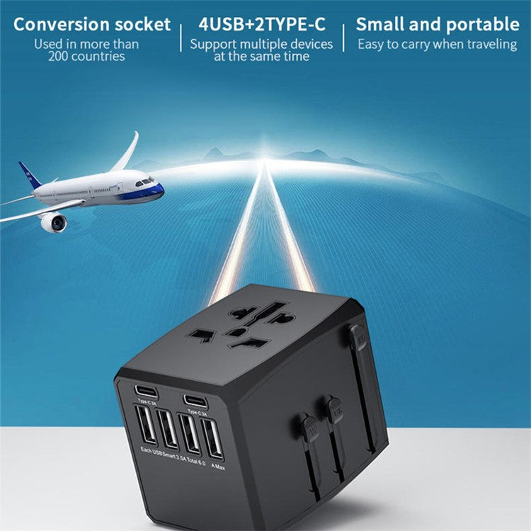 HH904 Worldwide Travel Charge Adapter Wall Plug Converter with 4 USB + 2 Type-C - Black