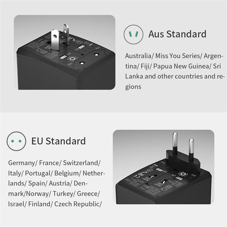 HH904 Worldwide Travel Charge Adapter Wall Plug Converter with 4 USB + 2 Type-C - Black