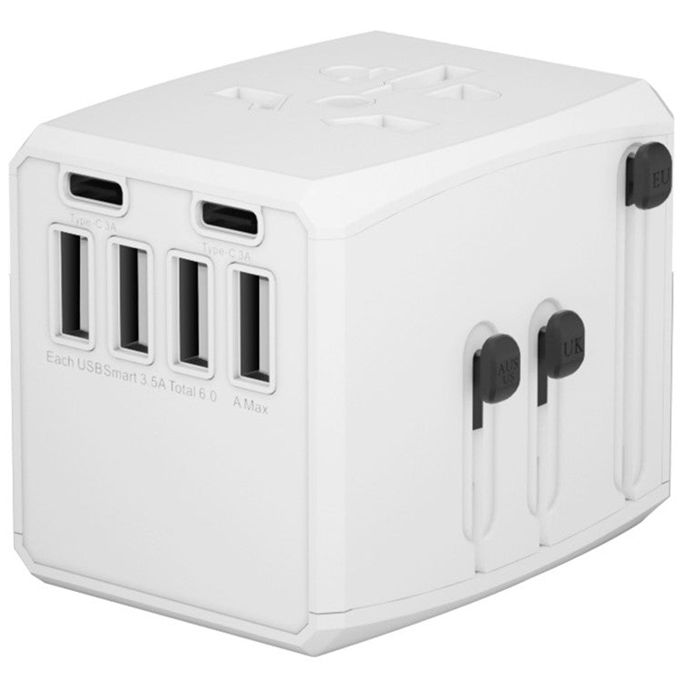 HH904 Worldwide Travel Charge Adapter Wall Plug Converter with 4 USB + 2 Type-C - White