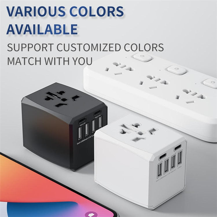 HH904 Worldwide Travel Charge Adapter Wall Plug Converter with 4 USB + 2 Type-C - White
