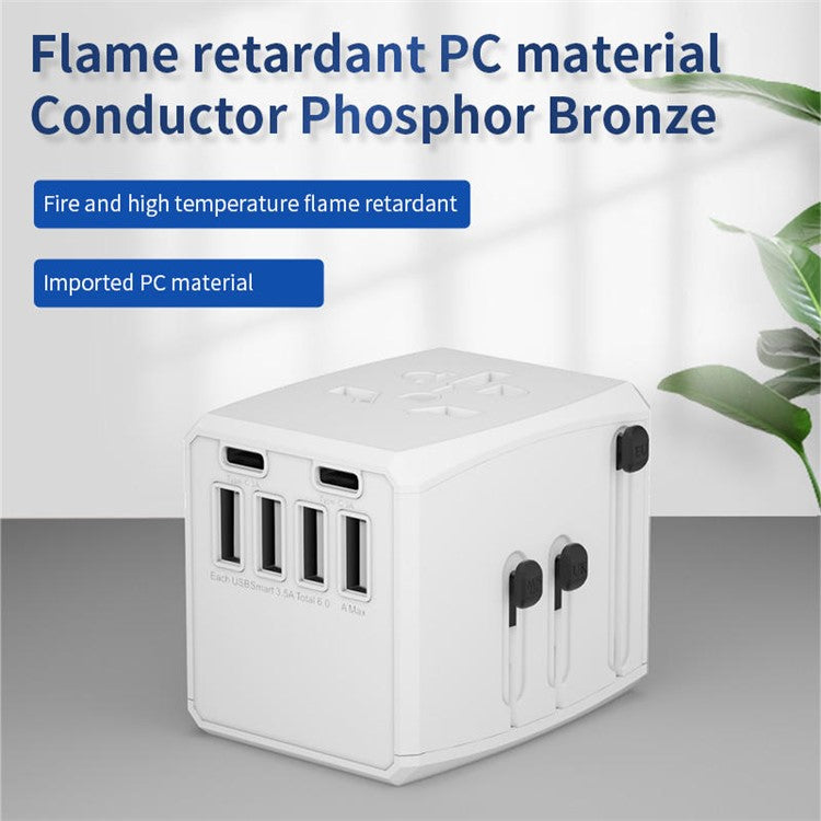 HH904 Worldwide Travel Charge Adapter Wall Plug Converter with 4 USB + 2 Type-C - White