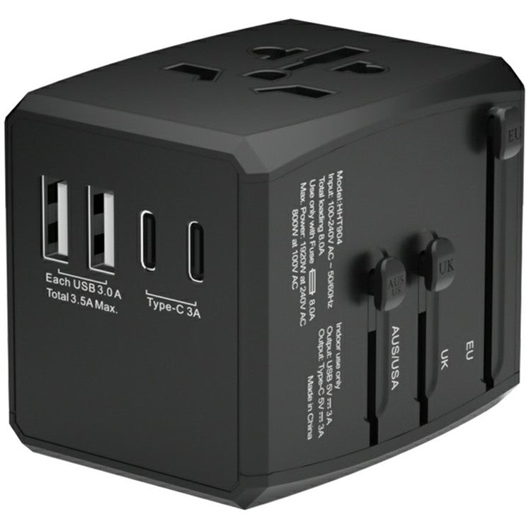 HH904 Worldwide Travel Charge Adapter Wall Plug Converter with 2 USB + 2 Type-C - Black
