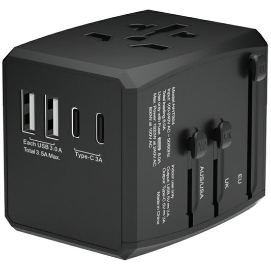 HH904 Worldwide Travel Charge Adapter Wall Plug Converter with 2 USB + 2 Type-C - Black
