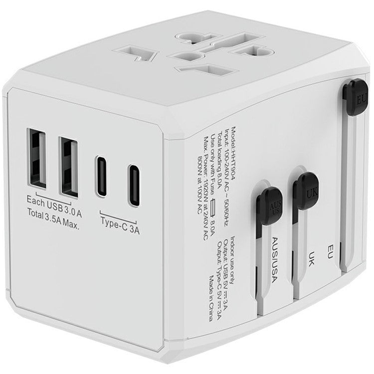 HH904 Worldwide Travel Charge Adapter Wall Plug Converter with 2 USB + 2 Type-C - White