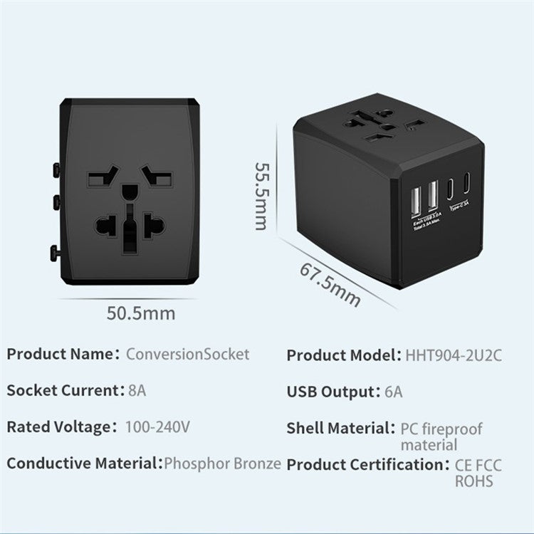 HH904 Worldwide Travel Charge Adapter Wall Plug Converter with 2 USB + 2 Type-C - White