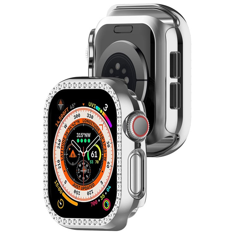 For Apple Watch Series 10 42mm Single Row Rhinestone Decor Hollow-Out Cover PC Watch Frame Case - Silver