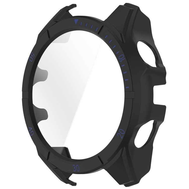 For Garmin Fenix 8 47mm Watch Case PC Frame Cover with Tempered Glass Screen Film - Black+Blue