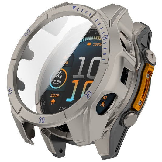For Garmin Fenix 8 MIP Solar 51mm Case Scale Design Hard PC All Around Watch Cover with Tempered Glass Film - Titanium+Blue