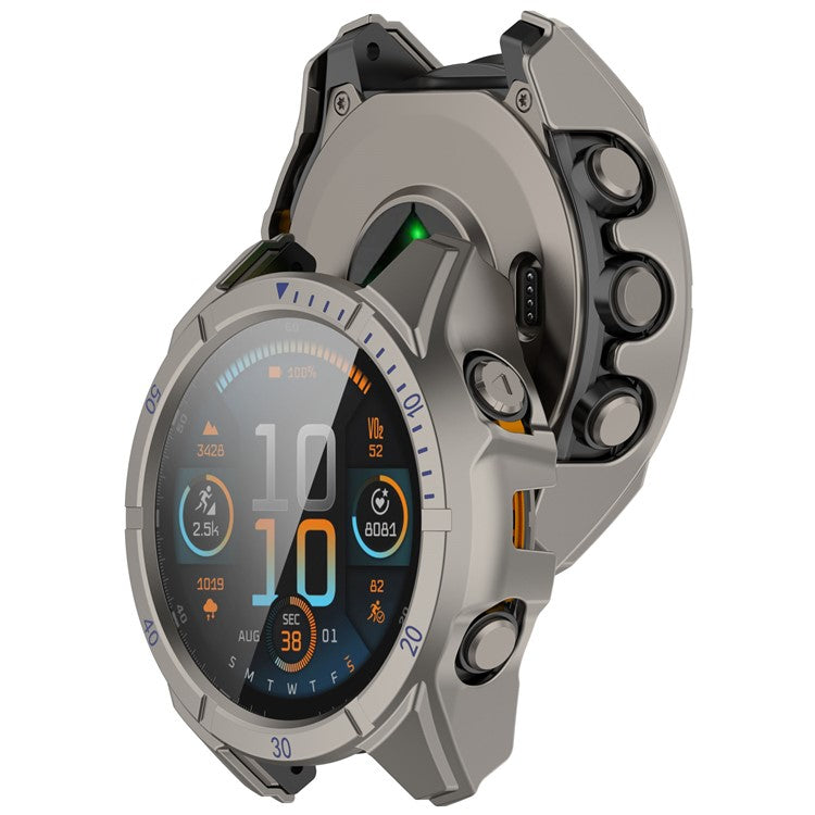 For Garmin Fenix 8 MIP Solar 51mm Case Scale Design Hard PC All Around Watch Cover with Tempered Glass Film - Titanium+Blue