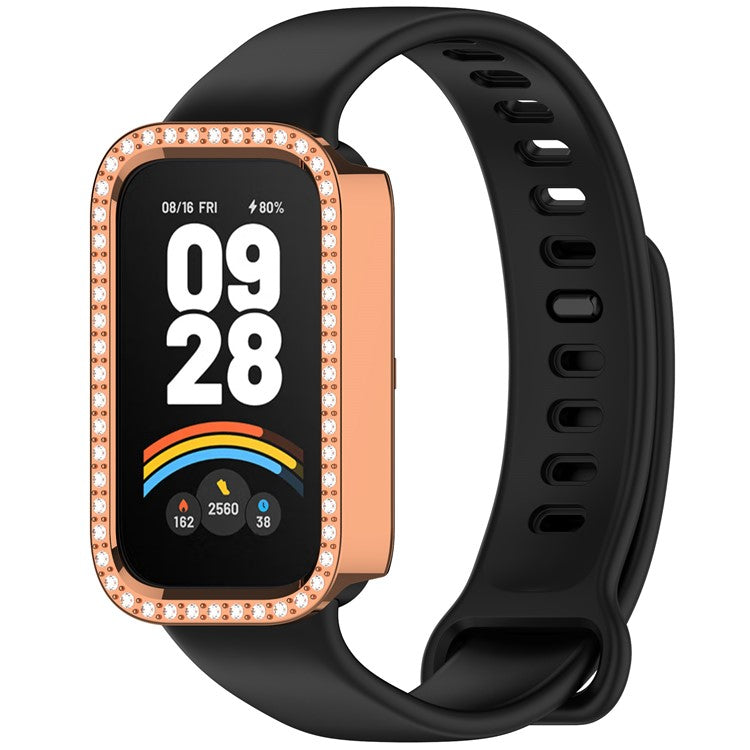 For Xiaomi Smart Band 9 Active / Redmi Band 3 Hollow-Out Cover Rhinestone Decor PC Watch Frame Case - Electroplating Rose Gold