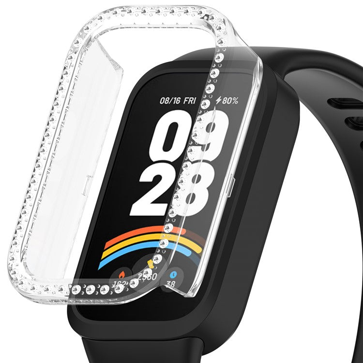 For Xiaomi Smart Band 9 Active / Redmi Band 3 Hollow-Out Cover Rhinestone Decor PC Watch Frame Case - Transparent