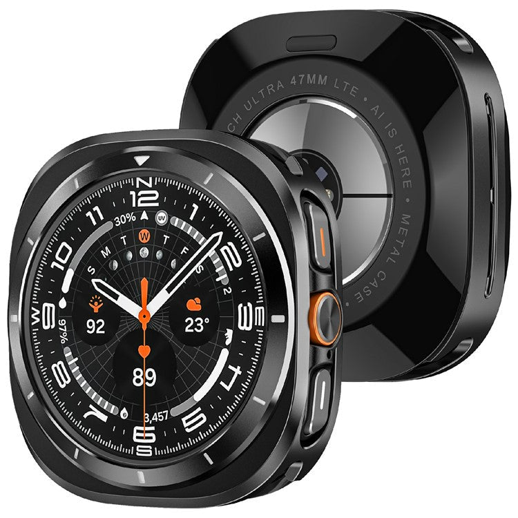 For Samsung Galaxy Watch Ultra 47mm Protective Case Aluminum Alloy PC Watch Bumper Cover - Black Orange