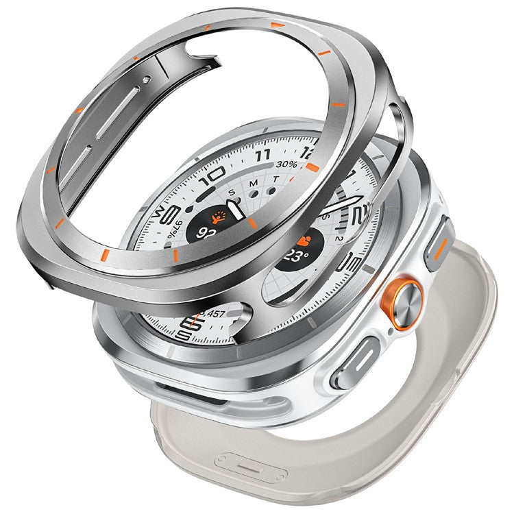 For Samsung Galaxy Watch Ultra 47mm Aluminum Alloy PC Protective Case Metal Bumper Cover - Grey Orange