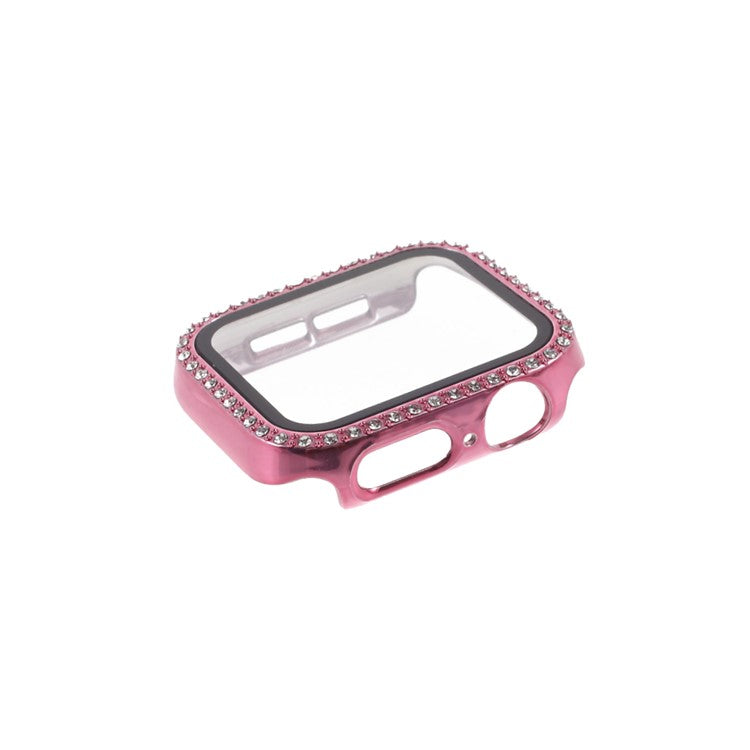 Electroplating Rhinestones Decor PC Frame Tempered Glass Protector Cover for Apple Watch Series 4 / 5 / 6 / SE / SE (2022) 44m - Pink