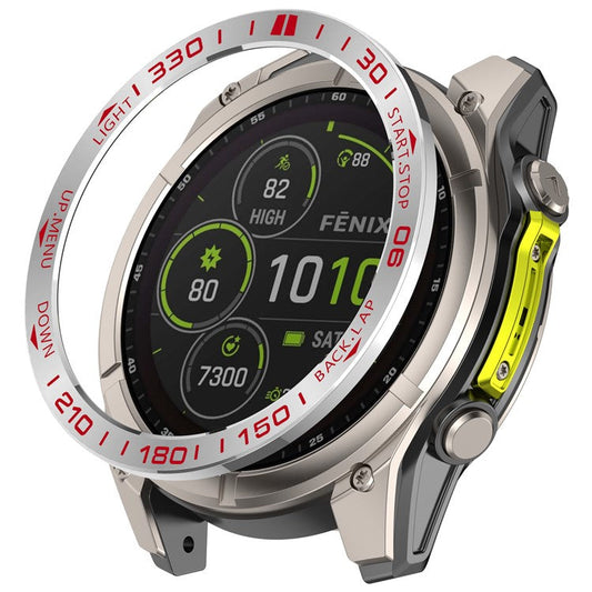 For Garmin Fenix 8 43mm AMOLED Version Stainless Steel Bezel Scratch Resistant Protective Ring - Silver+Red