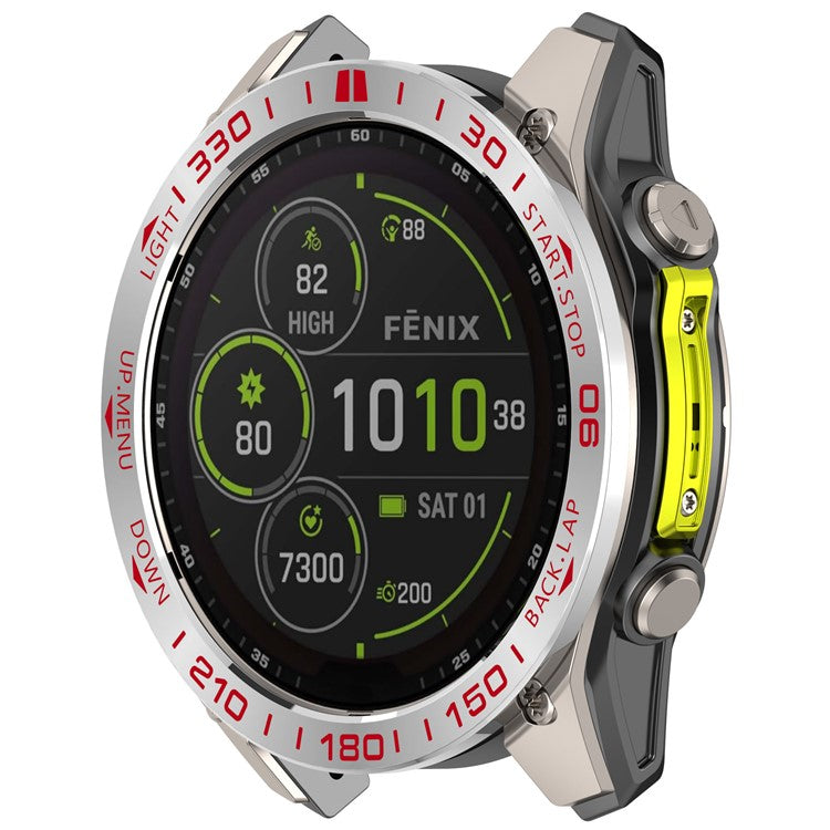 For Garmin Fenix 8 43mm AMOLED Version Stainless Steel Bezel Scratch Resistant Protective Ring - Silver+Red