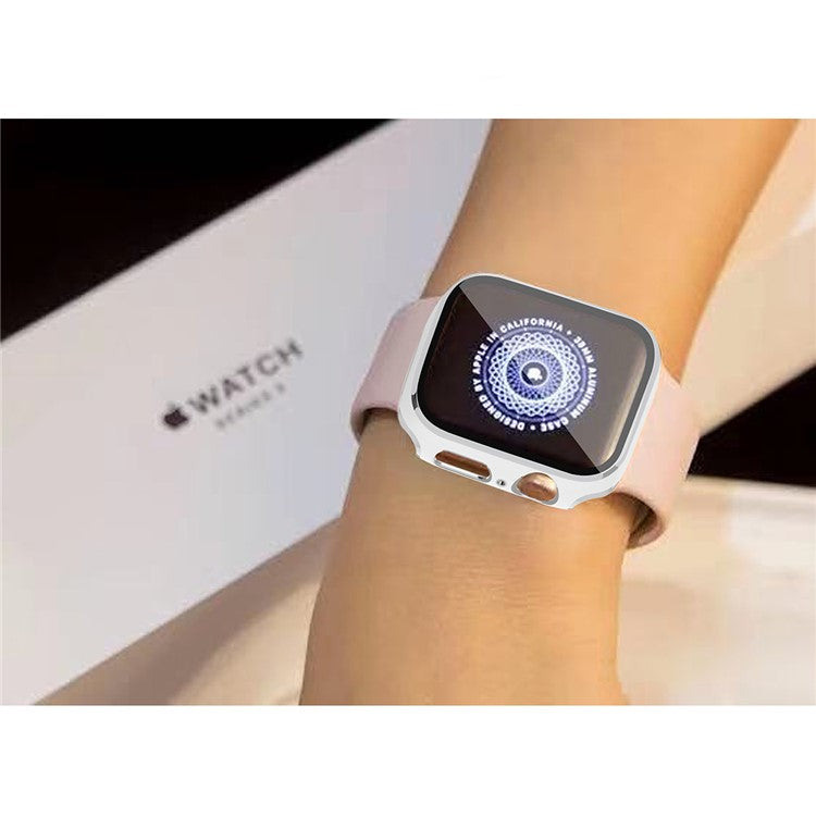 One-Piece Plated PC Frame + Tempered Glass Watch Protection Case for Apple Watch Series SE / SE (2022) / 6 / 5 / 4 40mm - White / Silver