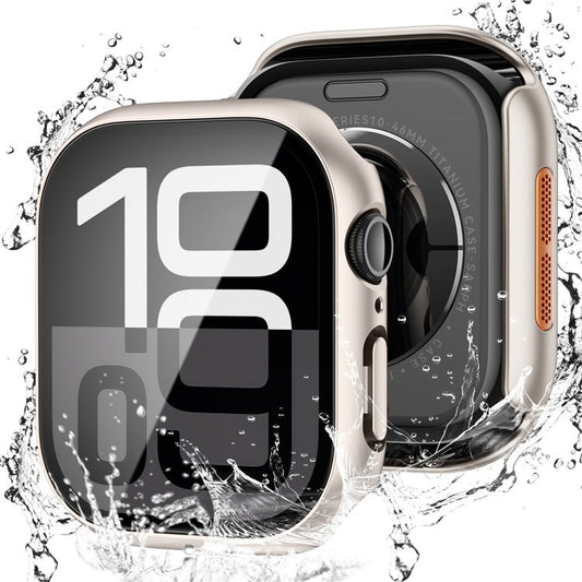 For Apple Watch Series 10 46mm Waterproof Dustproof PC Watch Case with Tempered Glass Film - Titanium Gold