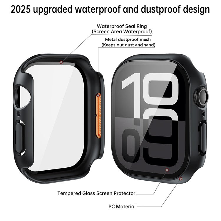 For Apple Watch Series 10 42mm Waterproof Dustproof PC Watch Case with Tempered Glass Film - Titanium Black