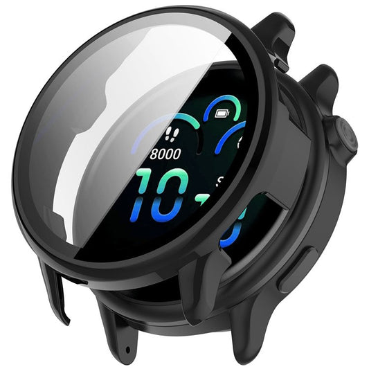 For Garmin Vivoactive 6 Hard PC Case All Around Watch Cover with Tempered Glass Film - Glossy Black