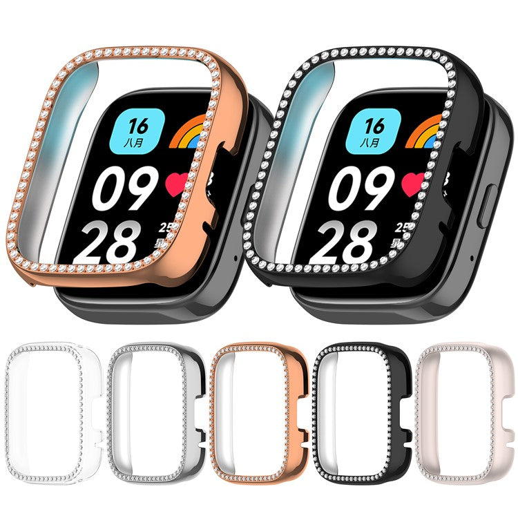 For Xiaomi Redmi Watch 3 Active  /  Watch 3 Lite Watch Case Rhinestone Decor Hollow Design Electroplating PC Watch Cover - Rose Gold