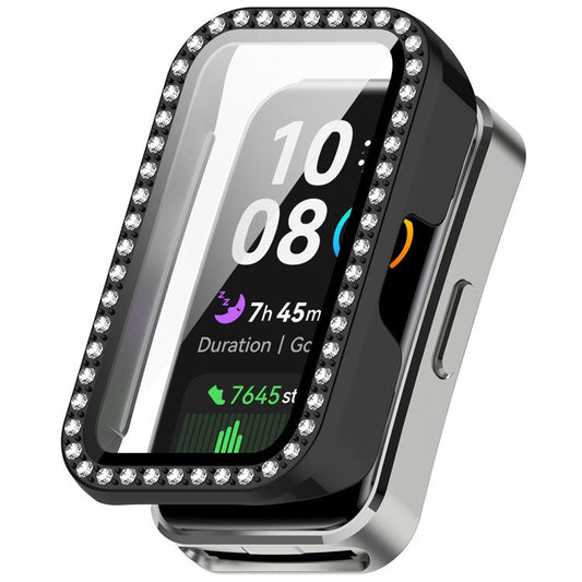 For Huawei Band 10  /  9  /  8 Case Rhinestone Decor PC + Tempered Glass Film Protective Watch Cover - Black