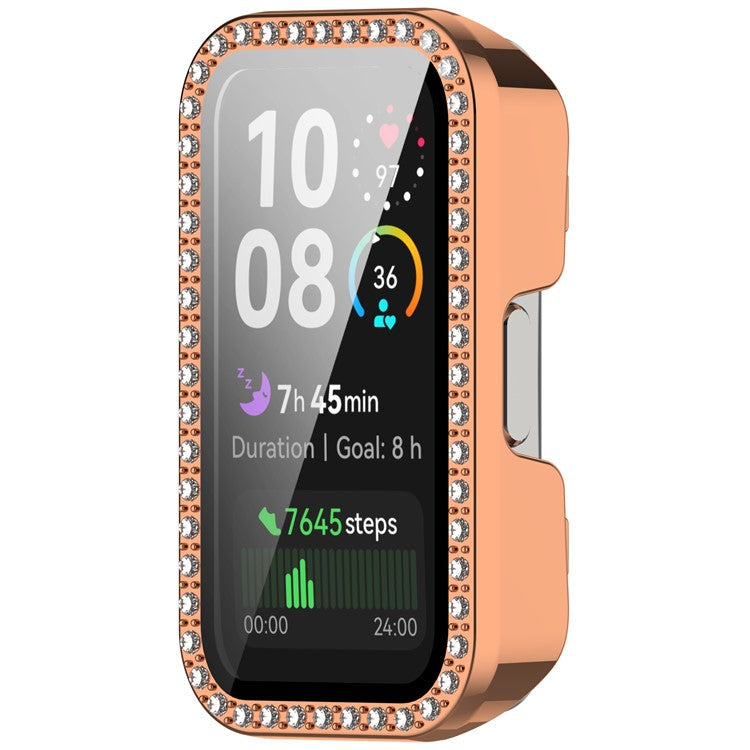 For Huawei Band 10  /  9  /  8 Case Rhinestone Decor PC + Tempered Glass Film Protective Watch Cover - Rose Gold