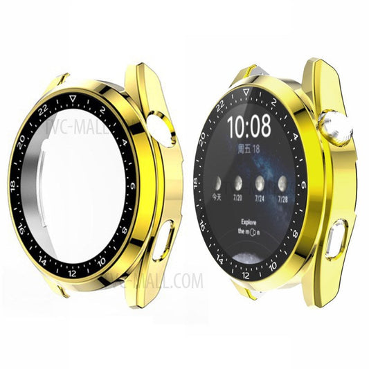 Scale Design Smart Watch Electroplated PC Frame Case with Tempered Glass Screen Protector for Huawei Watch 3 - Gold