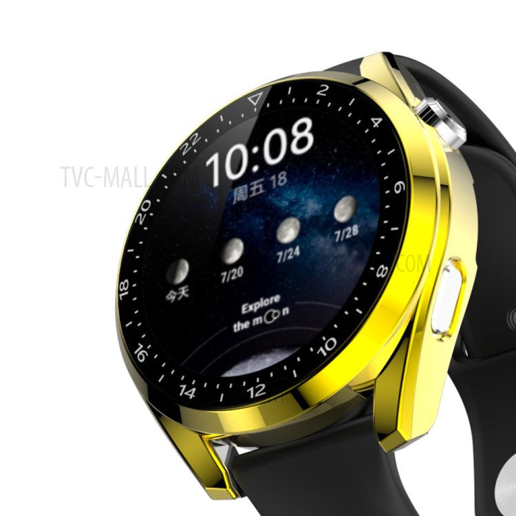 Scale Design Smart Watch Electroplated PC Frame Case with Tempered Glass Screen Protector for Huawei Watch 3 - Gold