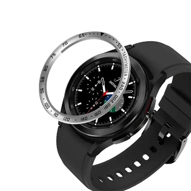 Speed Scale Design Stainless Steel Adhesive Cover Anti-Scratch Collision Protector Bezel Ring for Samsung Galaxy Watch4 Classic 42mm - Silver/Black