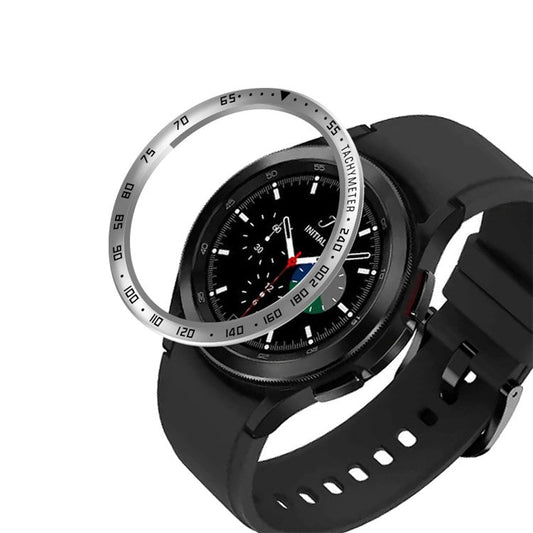 Speed Scale Design Stainless Steel Adhesive Cover Anti-Scratch Collision Protector Bezel Ring for Samsung Galaxy Watch4 Classic 42mm - Silver/Black