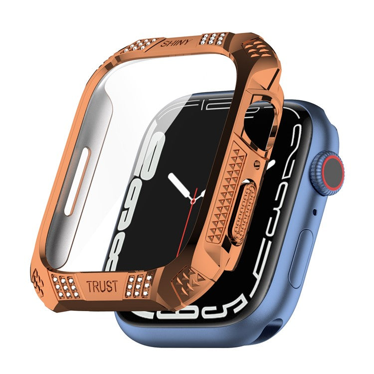 For Apple Watch Series 9 / 8 / 7 41mm Rhinestone Rhombus Imprint Electroplating Hard PC Case with Tempered Glass Screen Protector - Rose Gold
