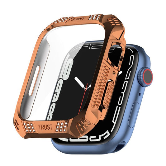 For Apple Watch Series 9 / 8 / 7 41mm Rhinestone Rhombus Imprint Electroplating Hard PC Case with Tempered Glass Screen Protector - Rose Gold
