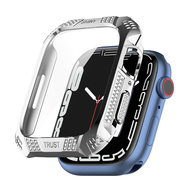 For Apple Watch Series 9 / 8 / 7 45mm Rhinestone Electroplating Rhombus Imprint Hard PC Case with Tempered Glass Screen Protector - Silver