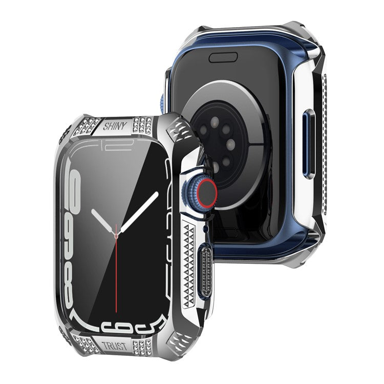 For Apple Watch Series 9 / 8 / 7 45mm Rhinestone Electroplating Rhombus Imprint Hard PC Case with Tempered Glass Screen Protector - Silver