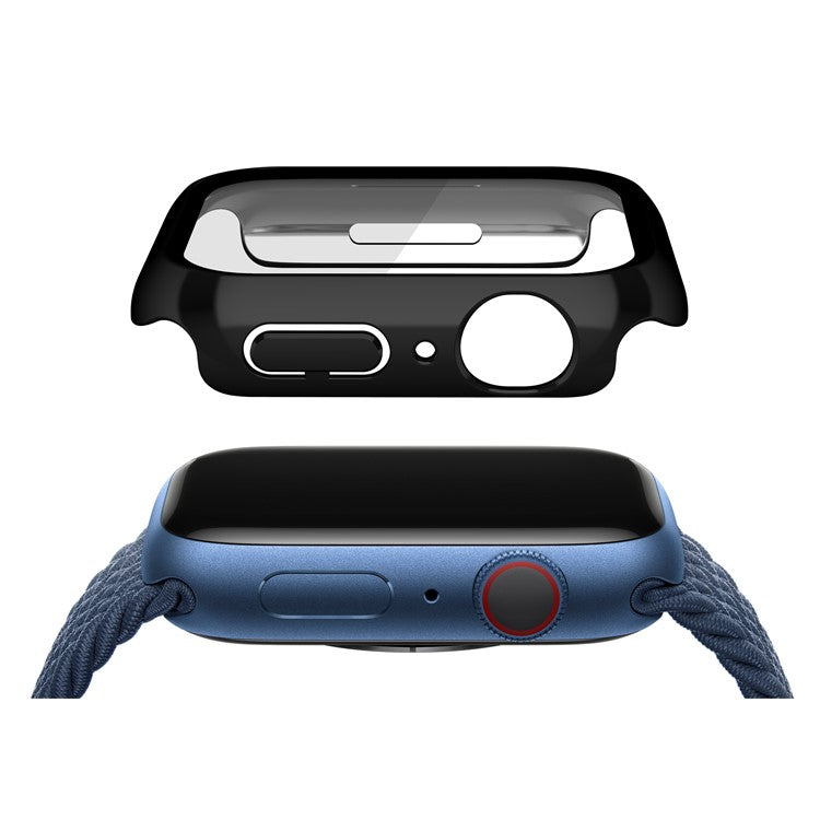 PC Watch Case for Apple Watch Series 9 / 8 / 7 45mm Well-protected Electroplating Watch Cover with Tempered Glass Screen Protector - Black