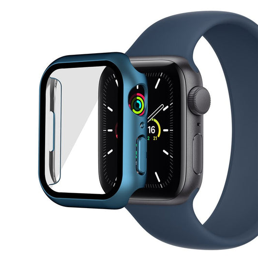 For Apple Watch Series 9 / 8 / 7 45mm Electroplating Matte Hard PC Watch Case Cover with Tempered Glass Screen Protector - Blue