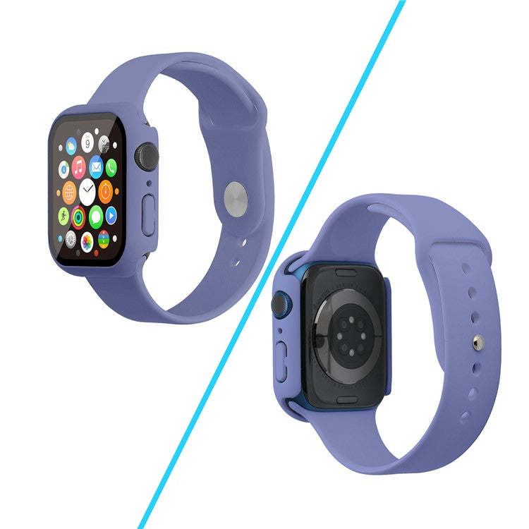 For Apple Watch Series 7 41mm Silicone Outdoor Sports Watch Band+Hard PC Case with Built-in Tempered Glass Screen Protector, Size S/M - England Lavender