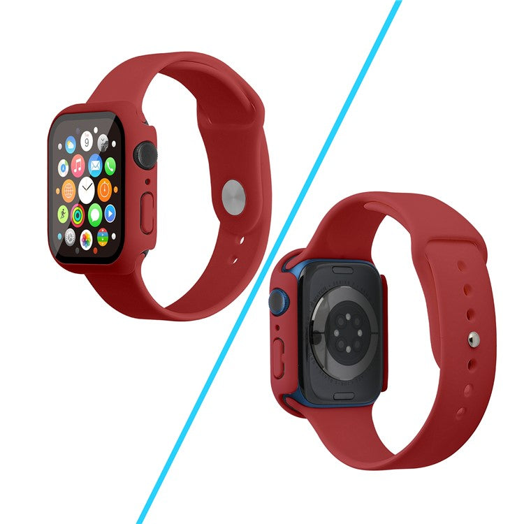 For Apple Watch Series 7 41mm Silicone Outdoor Sports Watch Band+Hard PC Case with Built-in Tempered Glass Screen Protector, Size S/M - Dark Red