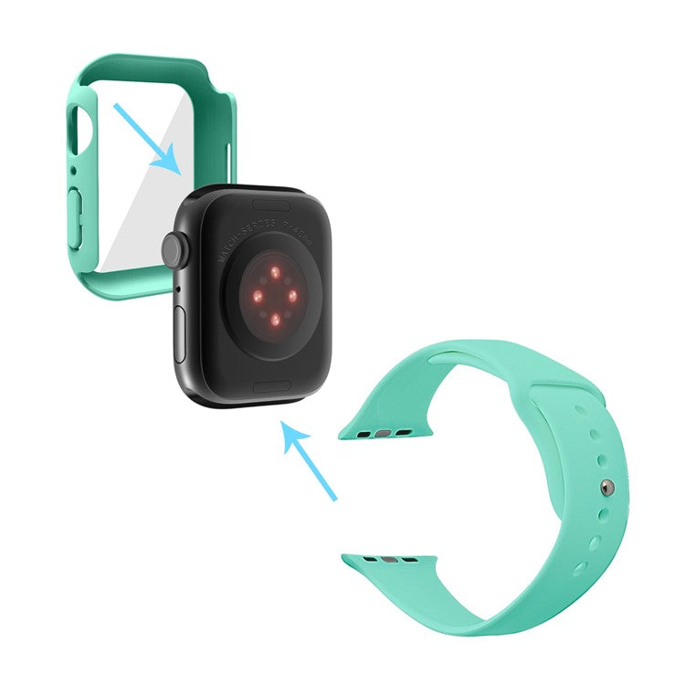 For Apple Watch Series 7 41mm Silicone Outdoor Sports Watch Band+Hard PC Case with Built-in Tempered Glass Screen Protector, Size S/M - Mint Green