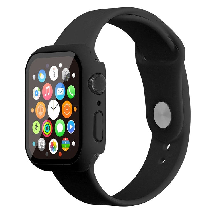 For Apple Watch Series 7 41mm Silicone Outdoor Sports Watch Band+Hard PC Case with Built-in Tempered Glass Screen Protector, Size S/M - Black