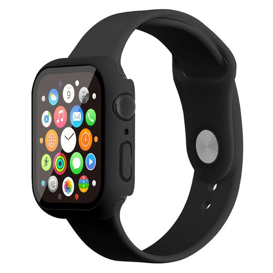 For Apple Watch Series 7 41mm Silicone Outdoor Sports Watch Band+Hard PC Case with Built-in Tempered Glass Screen Protector, Size S/M - Black