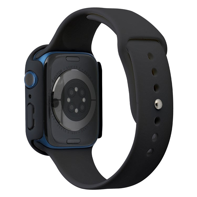 For Apple Watch Series 7 41mm Silicone Outdoor Sports Watch Band+Hard PC Case with Built-in Tempered Glass Screen Protector, Size S/M - Black