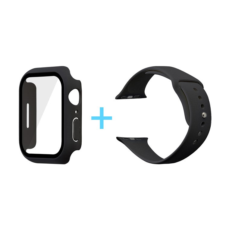For Apple Watch Series 7 41mm Silicone Outdoor Sports Watch Band+Hard PC Case with Built-in Tempered Glass Screen Protector, Size S/M - Black