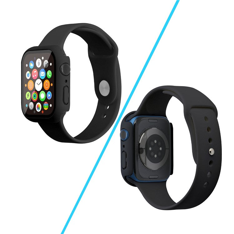 For Apple Watch Series 7 41mm Silicone Outdoor Sports Watch Band+Hard PC Case with Built-in Tempered Glass Screen Protector, Size S/M - Black